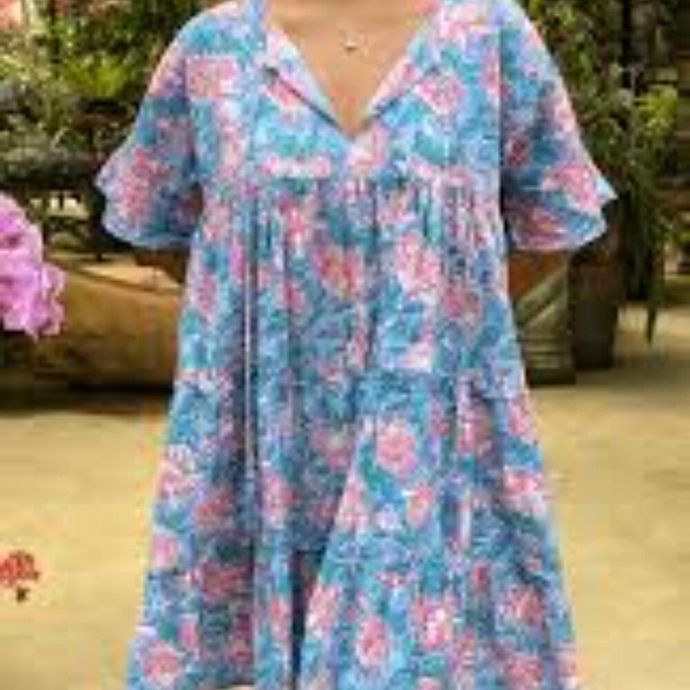 The Fox and the Mermaid Venice Blue Pink Floral Print Tiered Mini Dress M/L